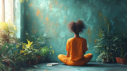 Woman meditating in a plant-filled room.