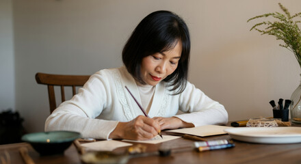 Asian mature female writing at home desk with concentration and creativity