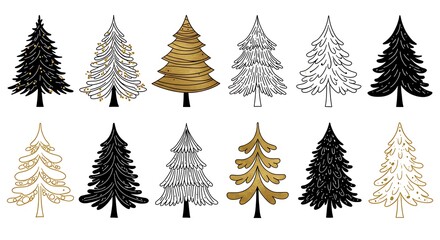 Fototapeta premium Stylized hand-drawn Christmas tree variety set