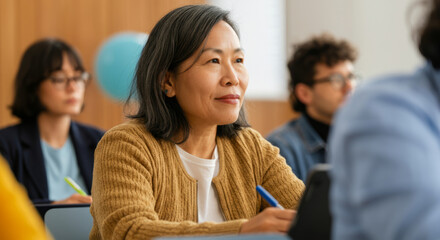 Attentive asian adult female in classroom setting taking notes