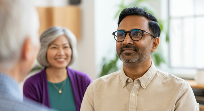 Diverse group conversation: asian male, asian female, caucasian elderly in casual setting