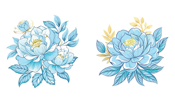 Two watercolor blue peony flower arrangements