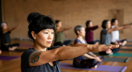 Fototapeta premium Asian adult females practicing yoga in group class with focus on calm exercise and meditation