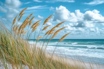 Coastal dune grasses blowing in the breeze, ocean view