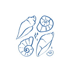 Hand drawn sea shells and stars poster template in doodle sketchy style. Line art sea shell vector composition