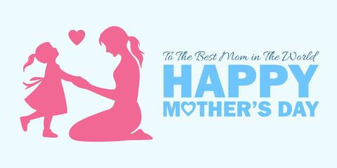 Soft pink blue Mother's Day background with a mother and child silhouette, surrounded by floating hearts and a loving gesture. Perfect for cards, social posts, and digital gifts.