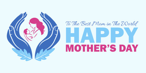 Soft pink and blue Mothers Day background with a mother and child silhouette embraced by protective hands, forming a heart-like design. Perfect for cards, social posts, and digital gifts.