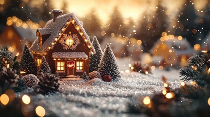 Cozy Winter Scene with Gingerbread House Surrounded by Snowy Trees and Twinkling Holiday Lights