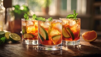 Refreshing Summer Cocktails with Ice, Lime, Mint, and Citrus Garnish on a Rustic Wooden Table