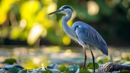 Elegant heron standing by serene water surrounded by lush greenery in golden light during peaceful sunset
