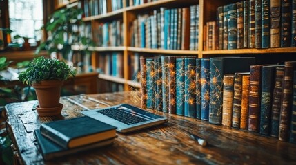 Laptop and books on wooden desk in library.