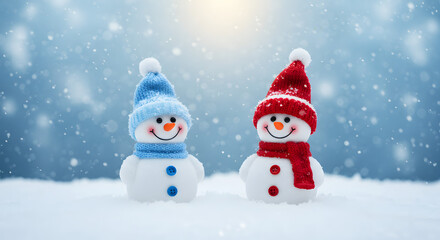 Fototapeta premium Two smiling snowmen, one with a blue hat and one with a red, sit on a snowy ground