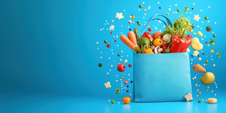 Blue Bag Overflowing With Fresh Colorful Produce