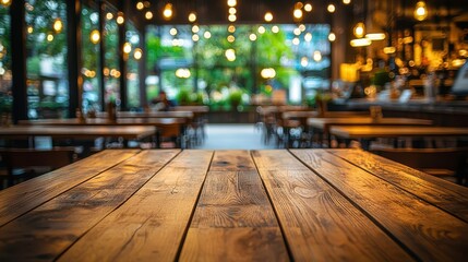 Cozy Cafe Interior with Wooden Table and String Lights, Perfect Ambiance for Dining and Relaxation