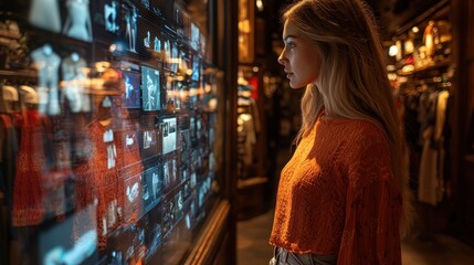 Fototapeta premium Woman browsing interactive digital display in clothing store.