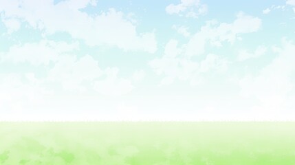 Expansive field covered in lush green grass with fluffy white clouds drifting across a brilliant blue sky