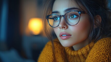 Close-up portrait of a young woman with glasses, looking thoughtfully.