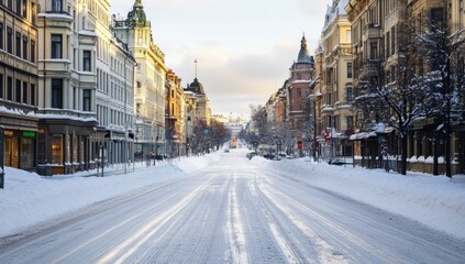 Snowy city street in winter