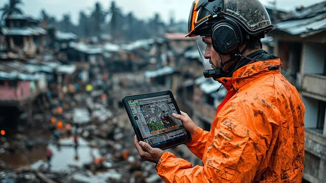 First responder assesses disaster zone using a tablet displaying a map