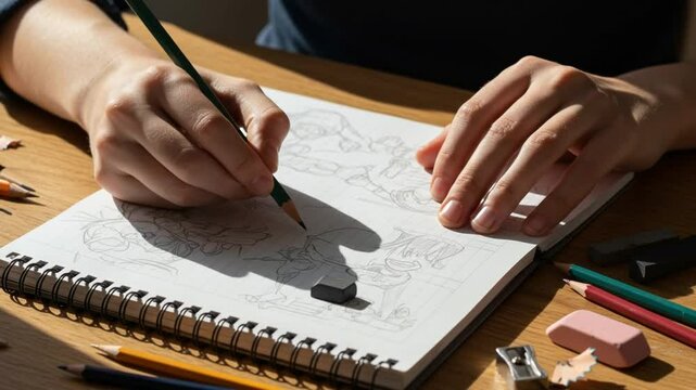 Close-up of hands sketching imaginative figures with pencil on drawing pad at desk