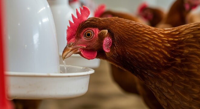 A hen drinking water on a rural farm setting.