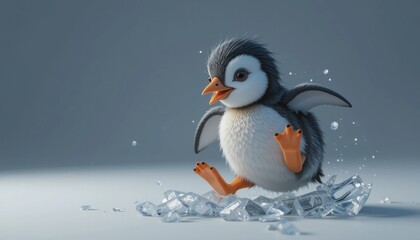 Playful Fluffy Baby Penguin Running Through Water Splash 3D Render