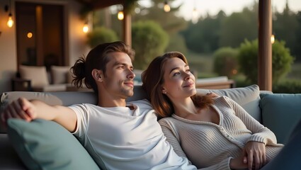 Relaxed couple resting sitting in an exterior sofa in a terrace