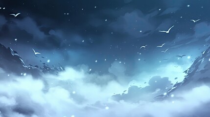 Naklejka premium Expansive sky filled with fluffy clouds and graceful birds soaring high above, creating a beautiful scene of freedom and tranquility in nature