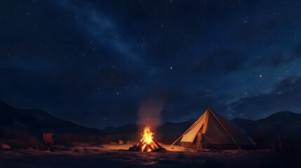 Camping under the stars, a tent glows next to a crackling campfire on a clear night with the Milky Way visible in the sky.