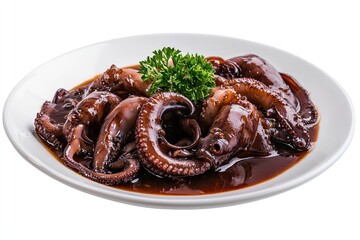 A realistic photo of Braised Squid in Red Wine, hyper-realistic, isolated on white
