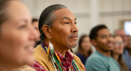 Obraz premium Mature indigenous male listening in audience at cultural event