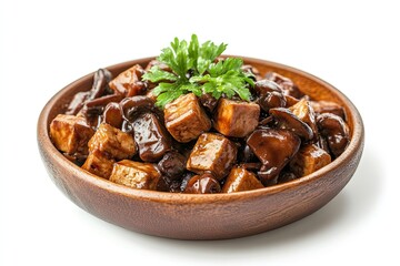 Fototapeta premium A realistic photo of Braised Tofu with Mushrooms, hyper-realistic, isolated on white