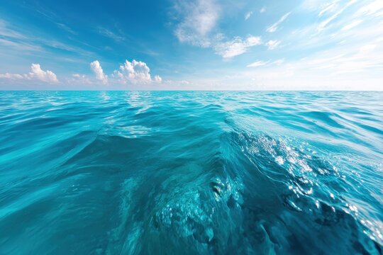 Tranquil turquoise ocean vista under a bright blue sky with scattered clouds capturing the serene beauty and vastness of the sea from a low angle perspective