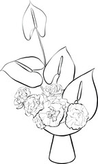 Minimalist calla lily, roses, and carnation flower bouquet arrangement on a clay vase illustration clipart isolated on white background for wedding elements