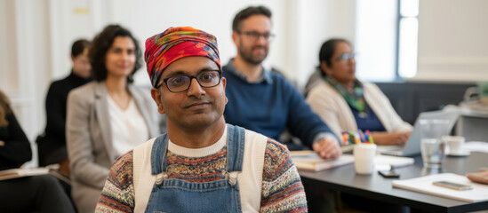 Diverse adults engaged in classroom learning session, focus on asian male participant