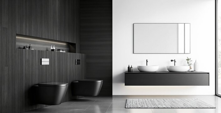 Contemporary bathroom interior with floating elements and dual basins, modern minimalist style, light background, concept of clean luxury. Ai generative - Powered by Adobe