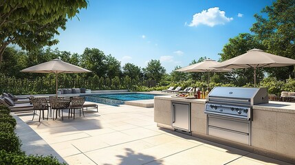 The stunning modern outdoor kitchen, equipped with a stylish built-in grill and barbecue station, is specially designed for high-end backyard entertainment. 