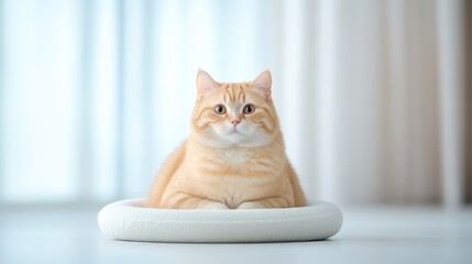 A fluffy orange cat sitting comfortably on a white round cushion, soft natural light in a cozy indoor setting, and serene and relaxed atmosphere.