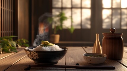 Steaming rice, wooden table, Japanese room, sunrise