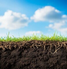 Fototapeta premium Close-up view of fertile soil with grass and roots, beneath a partly cloudy sky
