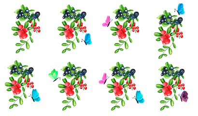Composition of berries. Strawberries, sea buckthorn, blueberries, black currants, red currants and butterflies. Isolated watercolor illustration, hand drawn. Template for postcard, embroidery, sticker