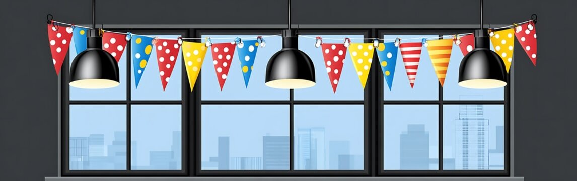 Festive party bunting decoration on a large window with minimalist design