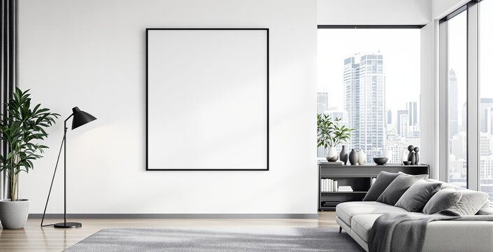 Blank poster frame on white wall in bright modern living room interior, clean layout with plants, sofa, and city view, concept of art display. Ai generative