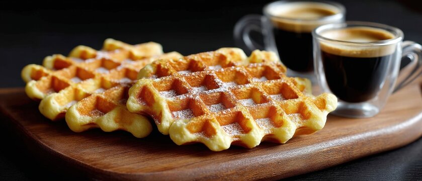 Golden waffles dusted with powdered sugar served with rich espresso on a wooden board for a delightful breakfast or brunch experience - Powered by Adobe