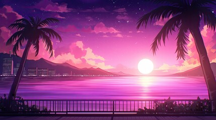 Fototapeta premium Stunning sunset scene with silhouetted palm trees framing a glorious view of the ocean under a colorful sky filled with warm hues