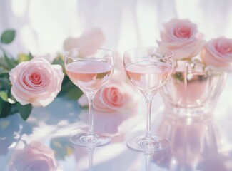 Celebrating with Champagne Glasses and Pale Pink Roses for Special Occasions