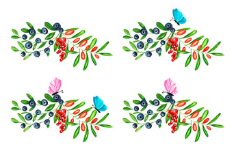 Obraz premium Composition of berries. Strawberries, sea buckthorn, blueberries, black currants, red currants and butterflies. Isolated watercolor illustration, hand drawn. Template for postcard, embroidery, sticker