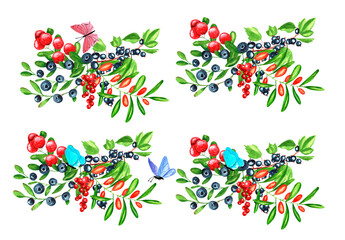 Composition of berries. Strawberries, sea buckthorn, blueberries, black currants, red currants and butterflies. Isolated watercolor illustration, hand drawn. Template for postcard, embroidery, sticker
