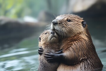 Beaver Mother & Baby Embrace