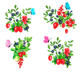 Composition of berries. Strawberries, sea buckthorn, blueberries, black currants, red currants and butterflies. Isolated watercolor illustration, hand drawn. Template for postcard, embroidery, sticker